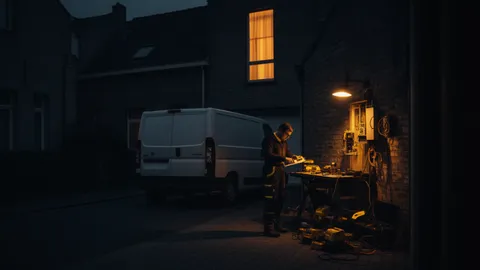 Bestelwagen van een elektricien, onderweg in de avond